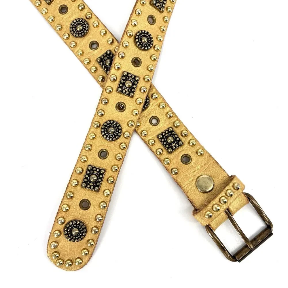 Sand Castle New York Metallic Gold Studded Women's 42.5” Soft Leather Belt EUC